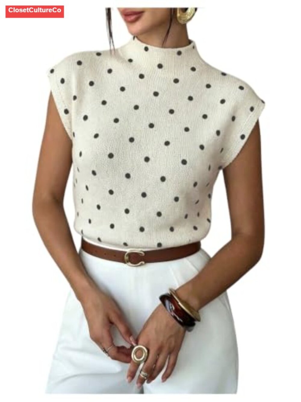 Mock Neck Cap Sleeve Polka Dot Knit Sweater Top